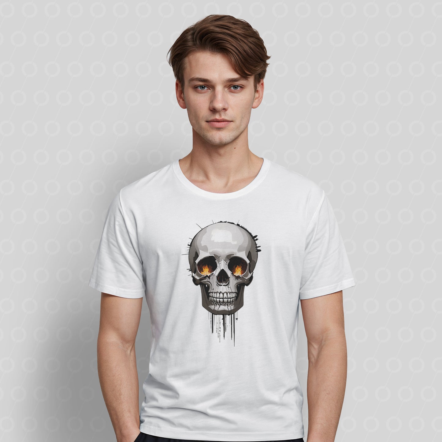 T-Shirt, Unisex, White, Skull, Flame Eyes, Grey