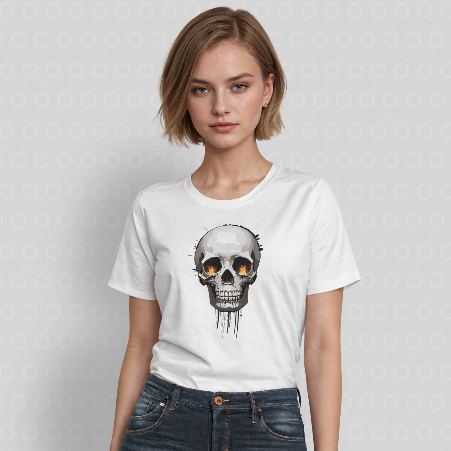 T-Shirt, Unisex, White, Skull, Flame Eyes, Grey